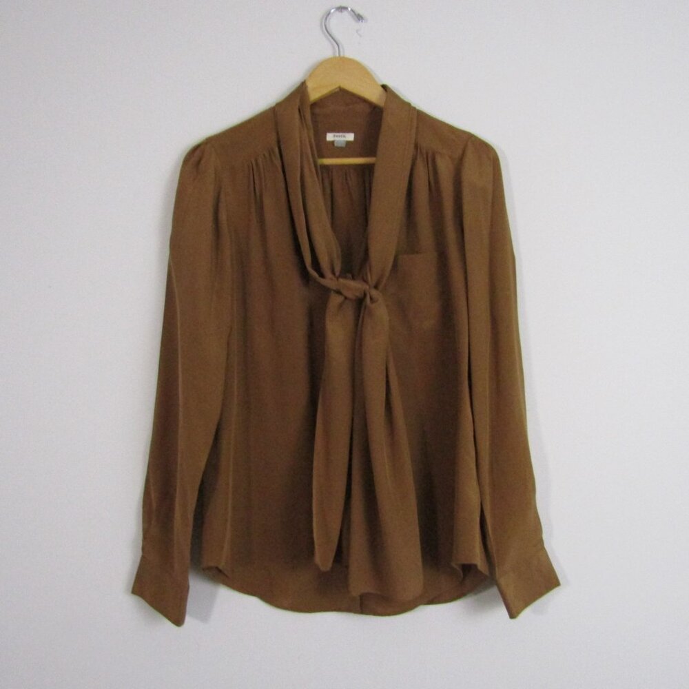 Fossil Women's 100% Silk Top Medium Brown Safari Office Business Classic Utility
